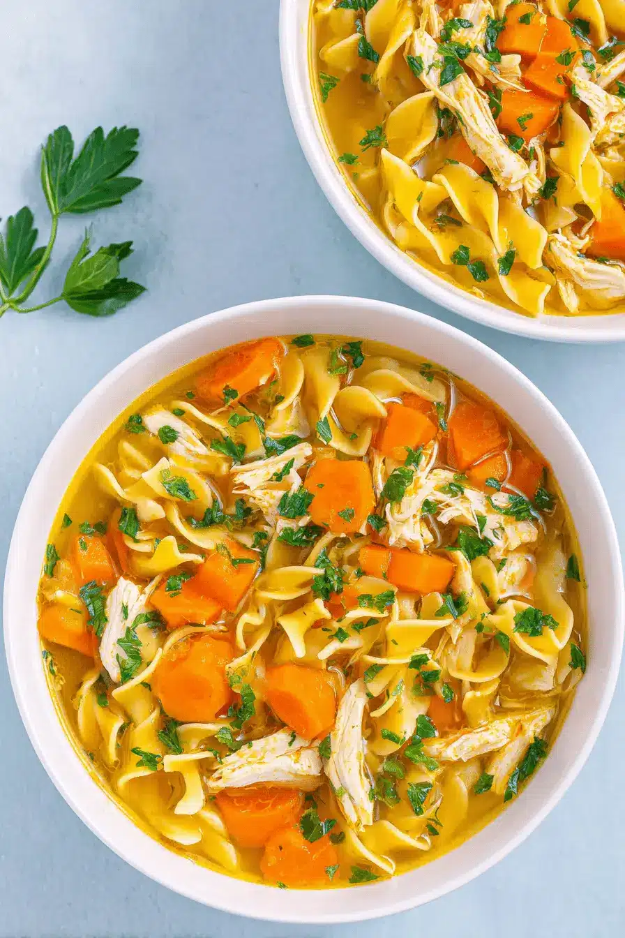 The Ultimate Comforting Chicken Noodle Soup Recipe 2 Overhead view of rich, golden Chicken Noodle Soup with wide egg noodles, shredded chicken, and carrots in white bowls.