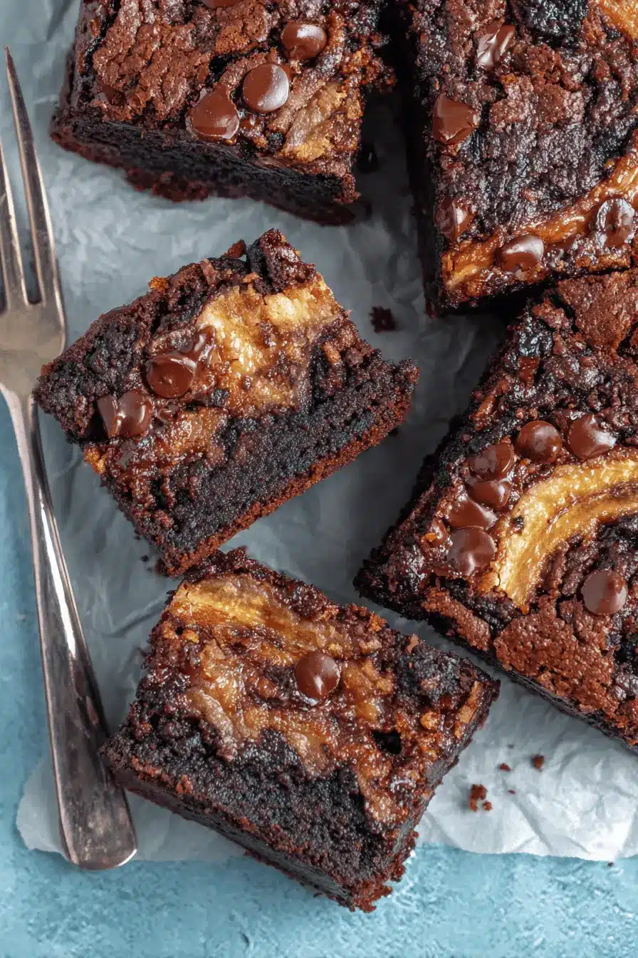 Ultimate Foolproof Banana Bread Brownies 2 Top-down view of fudgy dark chocolate banana bread brownies cut into squares on parchment paper.
