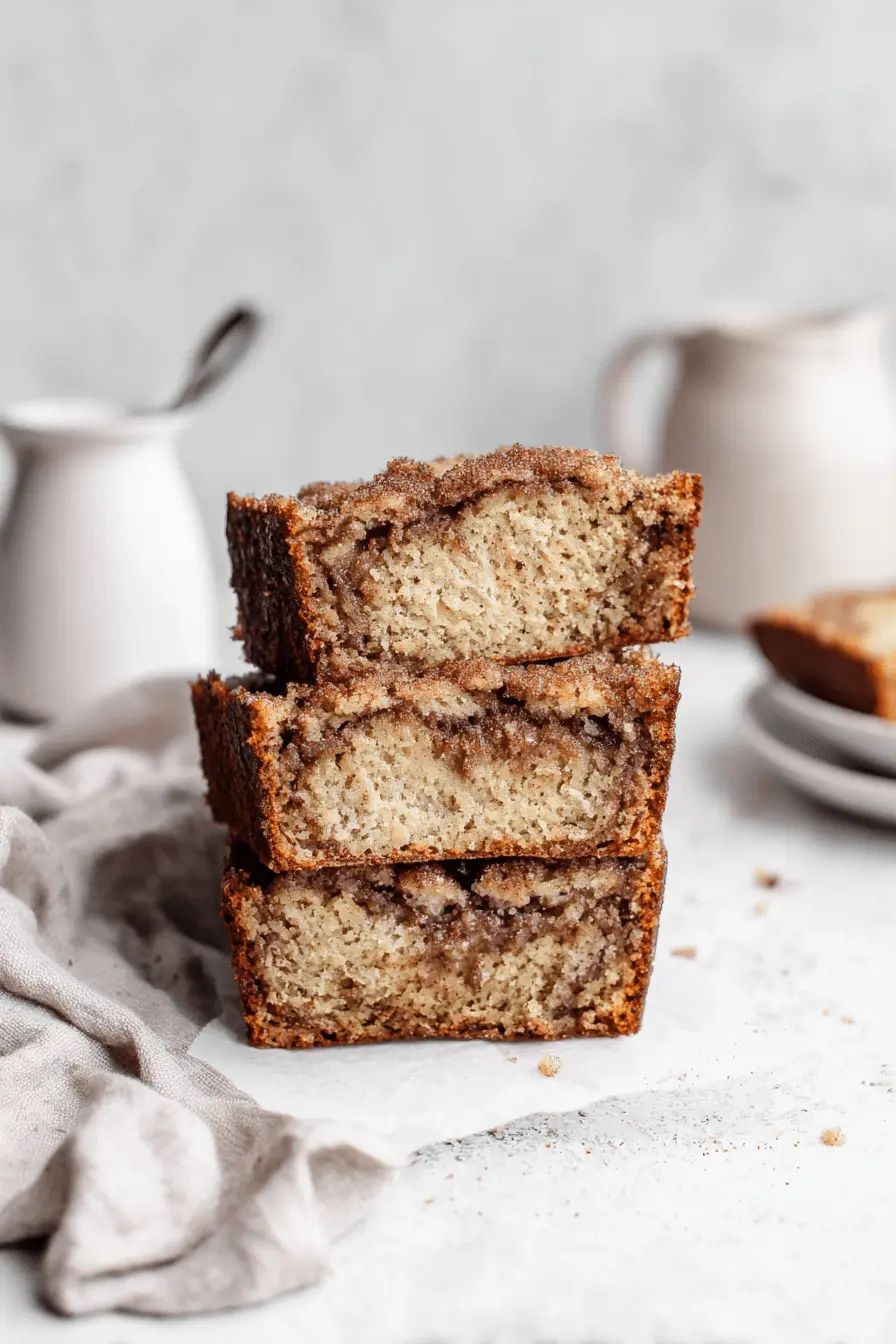 Amazing Snickerdoodle Banana Bread Recipe 2 Overhead shot of three stacked slices of homemade snickerdoodle banana bread with a rich cinnamon-sugar crumb topping.