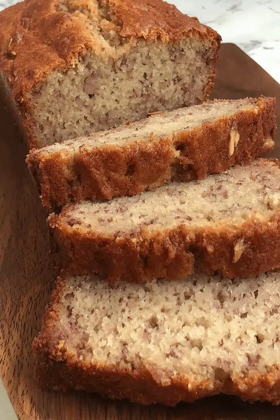 Amazing Eggless Banana Bread: Easy & Moist 2 A freshly sliced loaf of moist, golden-brown eggless banana bread presented on a rustic wooden cutting board.