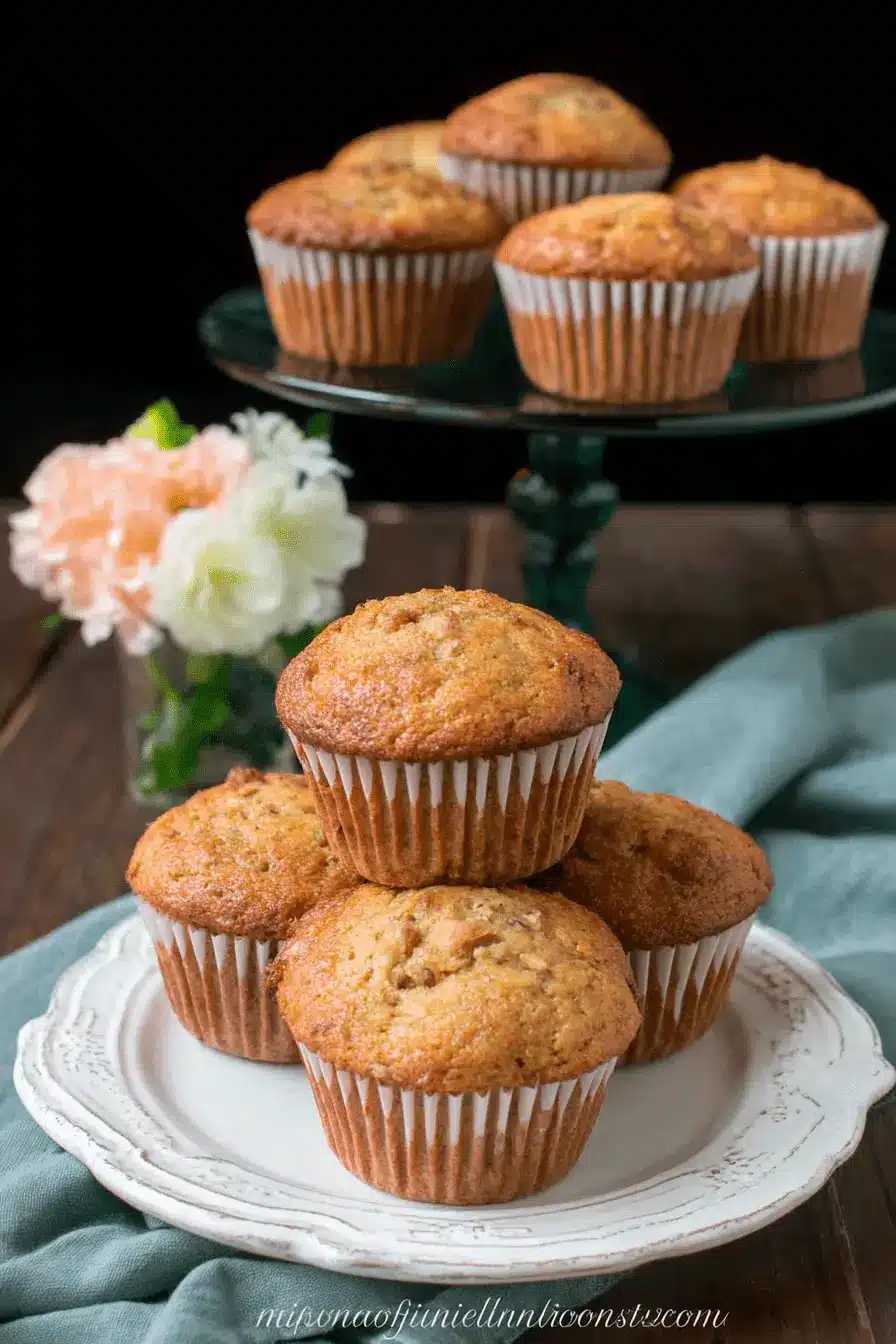 Amazing Easy Banana Bread Muffins 2 Stack of freshly baked, golden-brown banana bread muffins easy recipe on a rustic white plate.