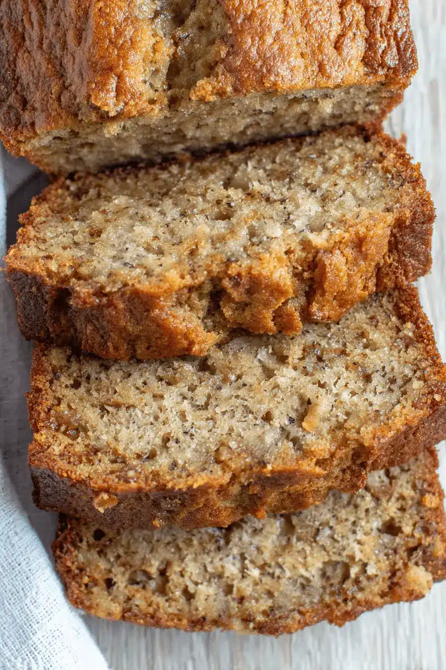 Ultimate Super Moist Banana Bread Recipe 2 Stacked slices of golden-brown, super moist banana bread resting on a light-colored wooden surface.