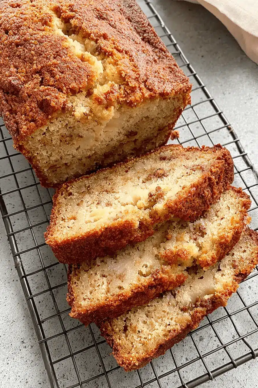 Foolproof Cottage Cheese Banana Bread 2 Overhead shot of sliced, moist cottage cheese banana bread with a crumb topping cooling on a black wire rack.