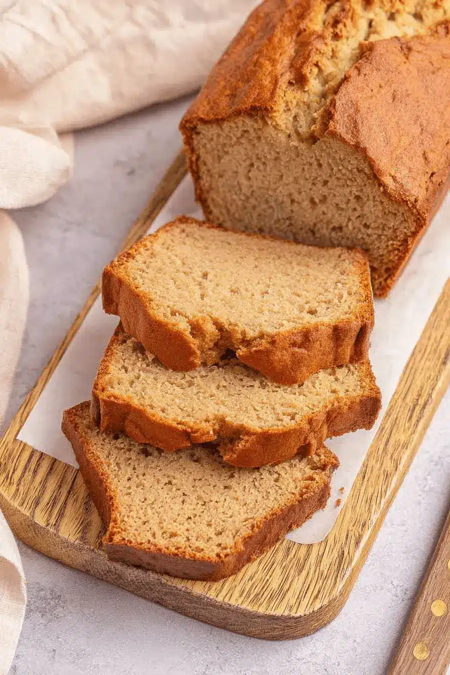Amazing Air Fryer Banana Bread Recipe 2 Golden brown, moist air fryer banana bread loaf, sliced and ready to eat on a wooden board.