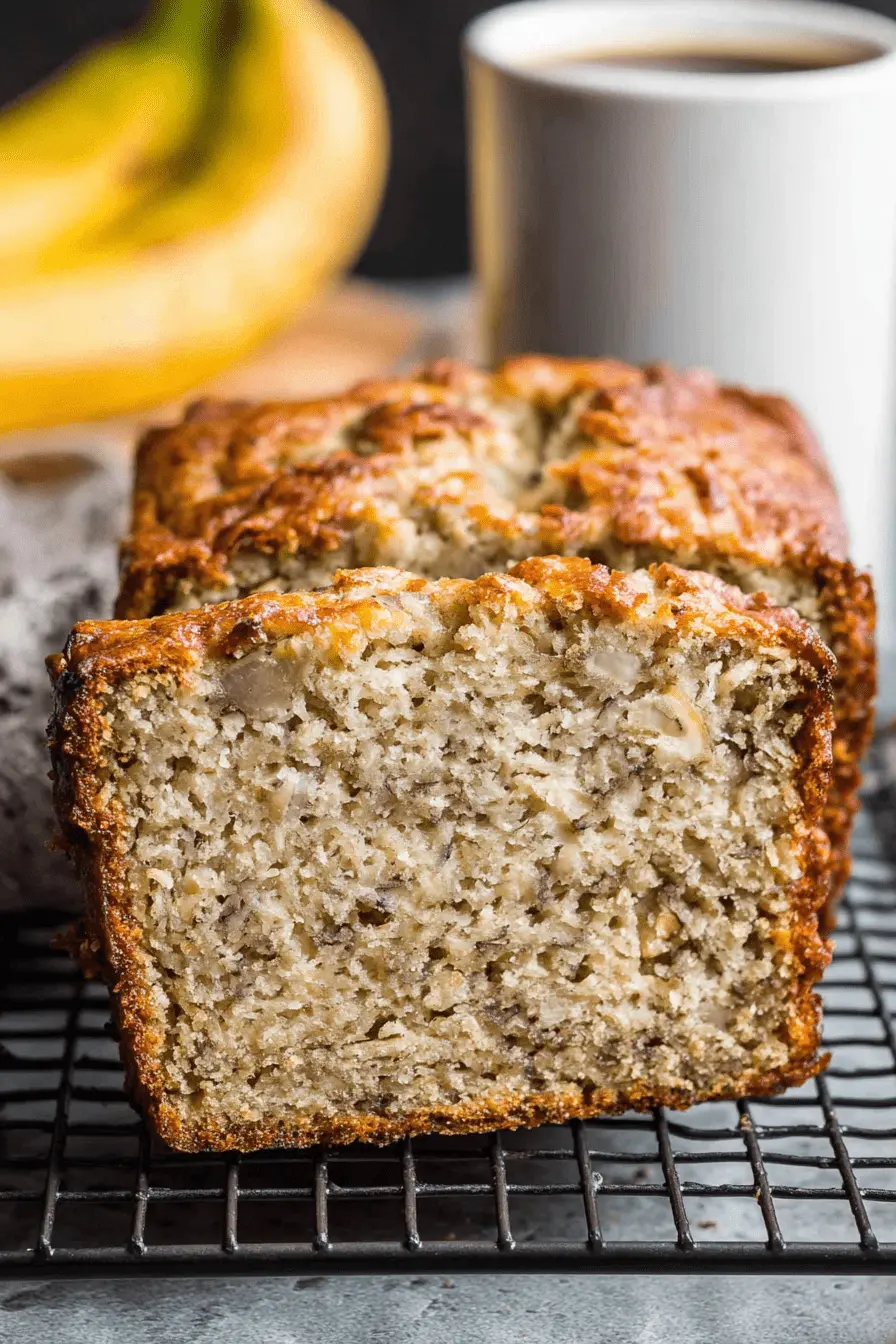 Ultimate Paleo Banana Bread: Easy & Moist 2 Slice of moist paleo banana bread cooling on a black wire rack, with whole bananas in the background.