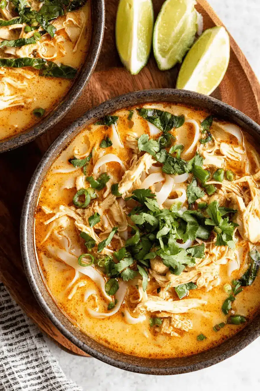 Rich, creamy Thai Chicken Soup with shredded chicken, wide rice noodles, cilantro, and lime wedges on a rustic wooden board.