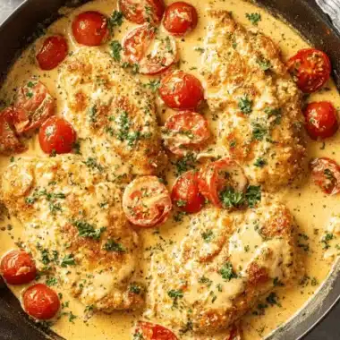 Amazing Pesto Chicken: Quick & Easy Recipe 4 Skillet filled with golden-brown breaded cutlets in a creamy tomato sauce with cherry tomatoes, a perfect serving suggestion for pesto chicken.