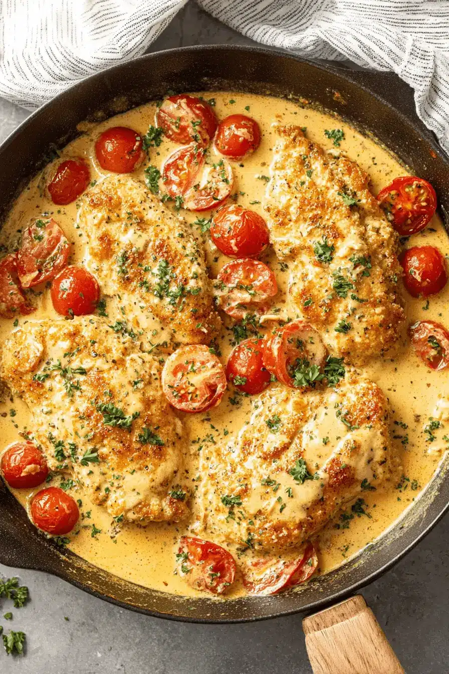 Amazing Pesto Chicken: Quick & Easy Recipe 2 Skillet filled with golden-brown breaded cutlets in a creamy tomato sauce with cherry tomatoes, a perfect serving suggestion for pesto chicken.