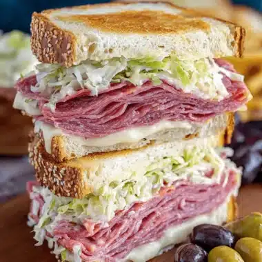 Viral Italian Grinder Sandwiches: An Easy Dinner Win 4 Close-up of two substantial, stacked italian grinder sandwiches filled with cured meats, melted cheese, and creamy coleslaw on a wooden board.