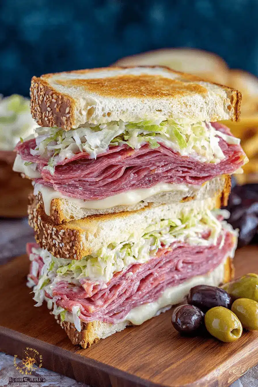 Viral Italian Grinder Sandwiches: An Easy Dinner Win 2 Close-up of two substantial, stacked italian grinder sandwiches filled with cured meats, melted cheese, and creamy coleslaw on a wooden board.