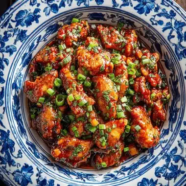 Amazing Scallion Chicken Chinese: Easy & Tender 4 Close-up of glossy, savory scallion chicken chinese garnished with fresh green onions in a decorative porcelain bowl.