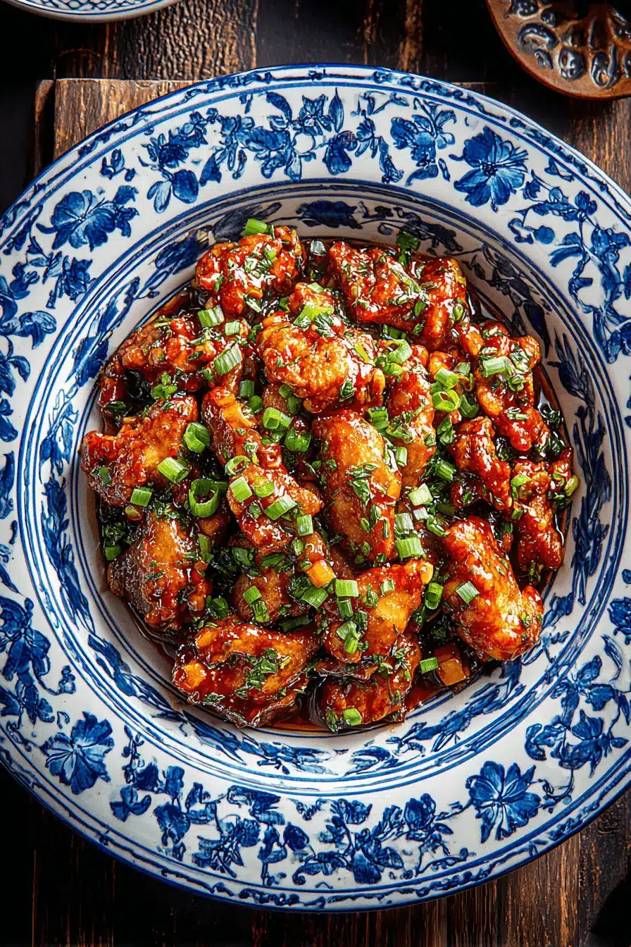 Amazing Scallion Chicken Chinese: Easy & Tender 2 Close-up of glossy, savory scallion chicken chinese garnished with fresh green onions in a decorative porcelain bowl.
