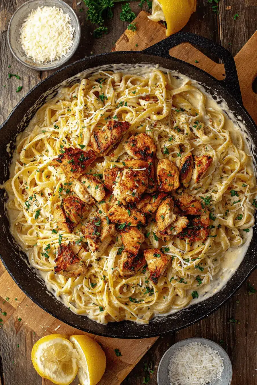 The Ultimate Cowboy Butter Chicken Linguine Recipe 2 Close-up of a black cast-iron skillet filled with grilled chicken and creamy linguine pasta, representing a delicious cowboy butter chicken linguine recipe.