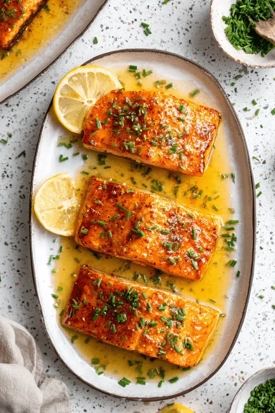 Amazing Baked Cajun Salmon: Quick & Easy Dinner 2 Close-up of three golden-brown fillets of Baked Cajun Salmon served on a platter with fresh chives and lemon slices.