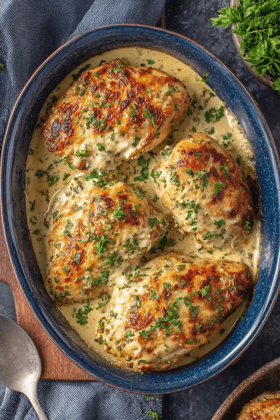 Guaranteed Juicy Baked Caesar Chicken with Parmesan Sauce 2 Rustic dark blue baking dish holding four servings of baked caesar chicken with parmesan sauce, sprinkled with fresh herbs.