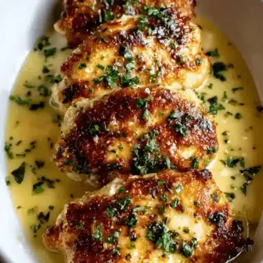 Amazing Mortons Steakhouse Chicken Christopher 3 Close-up of golden-brown pan-seared chicken cutlets in a creamy lemon sauce, prepared in the style of mortons steakhouse chicken christopher.