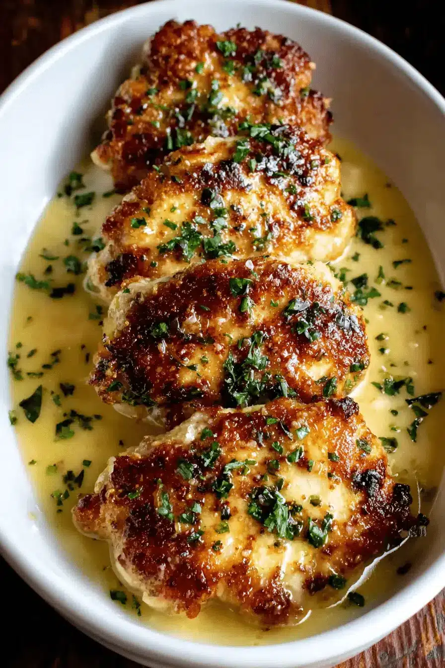 Amazing Mortons Steakhouse Chicken Christopher 2 Close-up of golden-brown pan-seared chicken cutlets in a creamy lemon sauce, prepared in the style of mortons steakhouse chicken christopher.