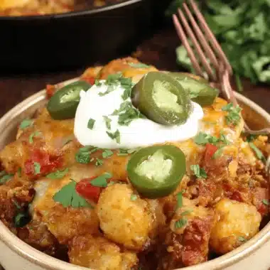 The Ultimate Chili Cheese Tater Tot Casserole 3 Rustic bowl of homemade Chili Cheese Tater Tot Casserole garnished with sour cream and fresh jalapeño slices.