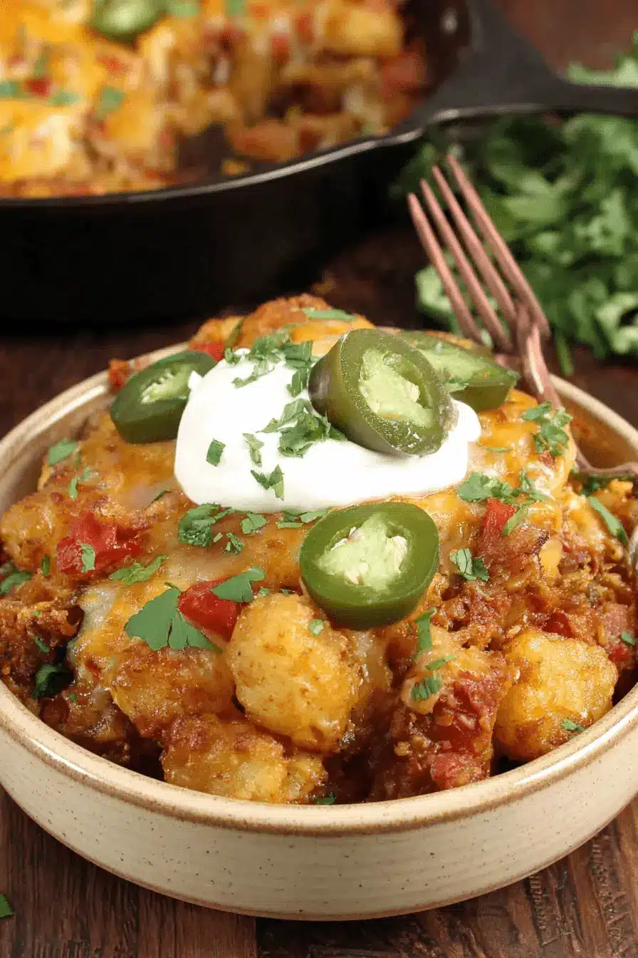 The Ultimate Chili Cheese Tater Tot Casserole 2 Rustic bowl of homemade Chili Cheese Tater Tot Casserole garnished with sour cream and fresh jalapeño slices.