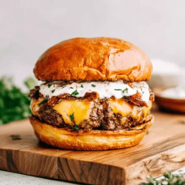 Ultimate Crack Burgers: Easy 25-Minute Recipe 4 Close-up of a gourmet beef and bacon hamburger, often referred to as crack burgers, resting on a wooden cutting board.