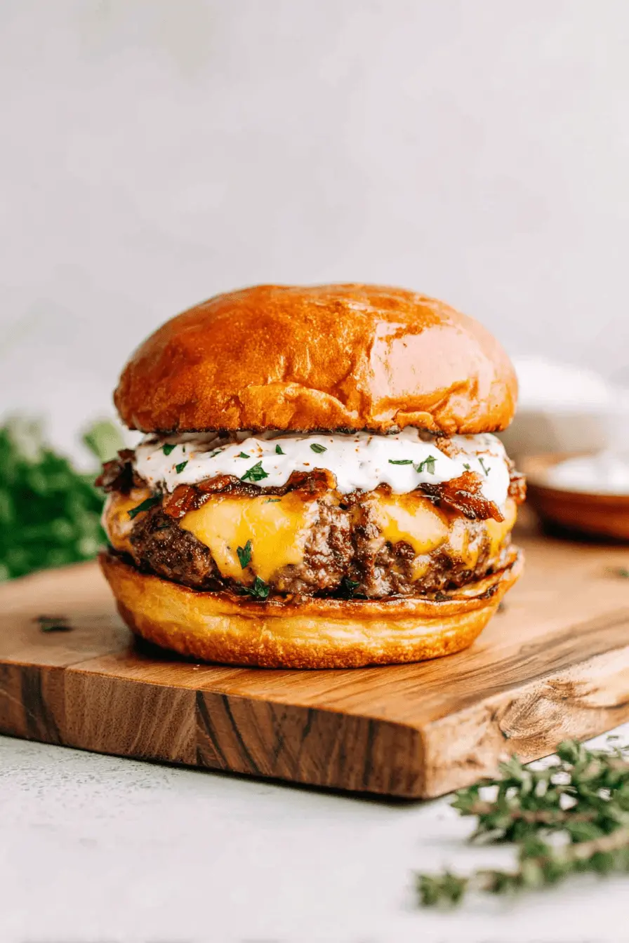 Ultimate Crack Burgers: Easy 25-Minute Recipe 2 Close-up of a gourmet beef and bacon hamburger, often referred to as crack burgers, resting on a wooden cutting board.