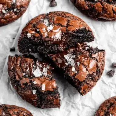 Magic Fudgy Chewy Brookies Recipe 4 Close-up of rich, sea salt-sprinkled Fudgy Chewy Brookies on parchment paper, with one broken in half revealing a molten chocolate center.