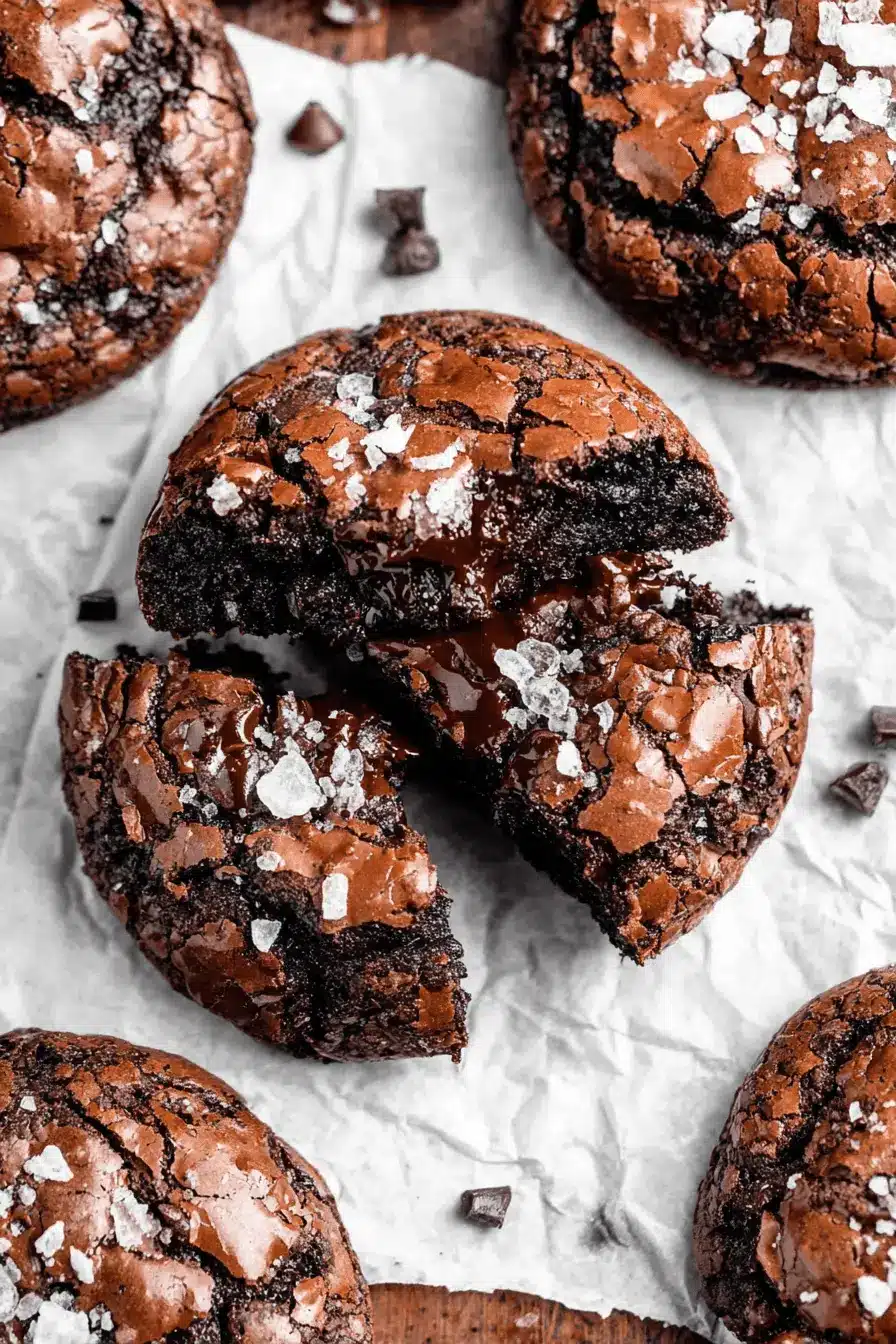 Magic Fudgy Chewy Brookies Recipe 2 Close-up of rich, sea salt-sprinkled Fudgy Chewy Brookies on parchment paper, with one broken in half revealing a molten chocolate center.