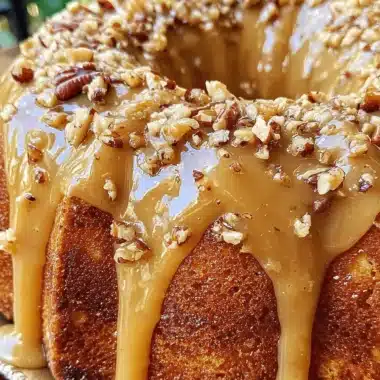 Amazing Southern Pecan Caramel Cake 3 Close-up of a rich, golden-brown bundt southern pecan caramel cake, heavily glazed and topped with chopped pecans on a golden plate.