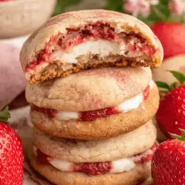 Amazing Strawberry Cheesecake Cookies: Easy Recipe 3 Stack of three homemade Strawberry Cheesecake Cookies with visible cream filling and strawberry swirl, surrounded by fresh berries.