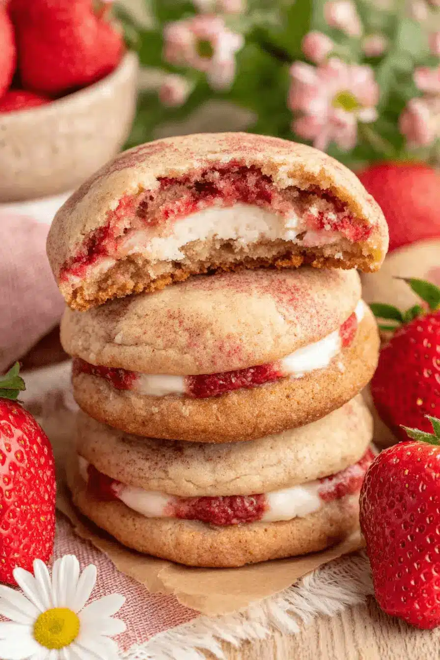 Amazing Strawberry Cheesecake Cookies: Easy Recipe 2 Stack of three homemade Strawberry Cheesecake Cookies with visible cream filling and strawberry swirl, surrounded by fresh berries.