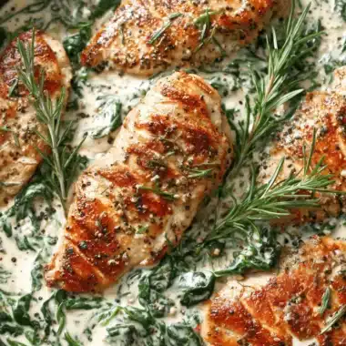 Amazing Creamy Spinach Chicken in 30 Min 3 Pan-seared creamy spinach chicken garnished with fresh rosemary in a dark skillet.