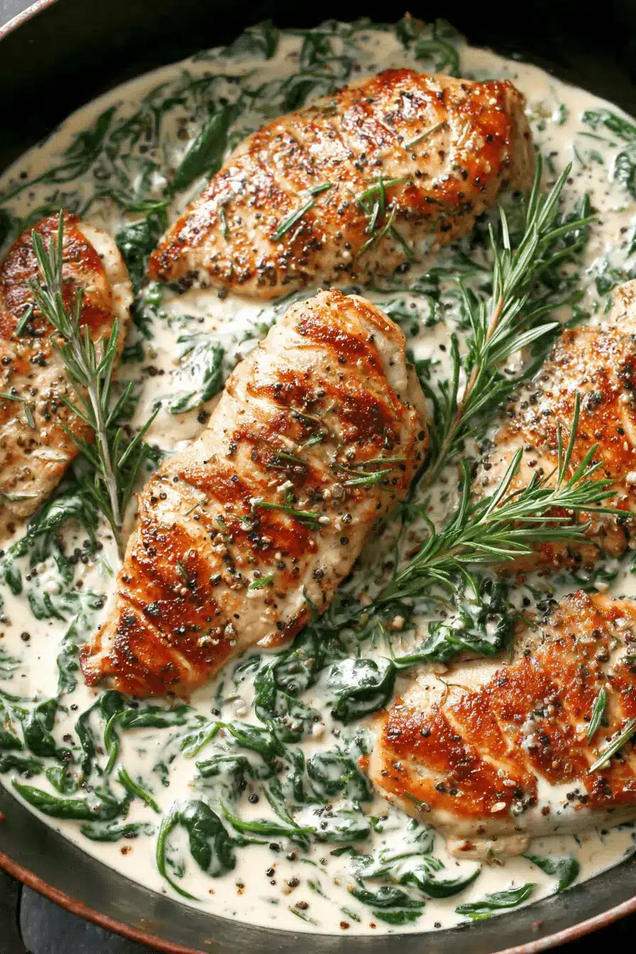 Amazing Creamy Spinach Chicken in 30 Min 2 Pan-seared creamy spinach chicken garnished with fresh rosemary in a dark skillet.