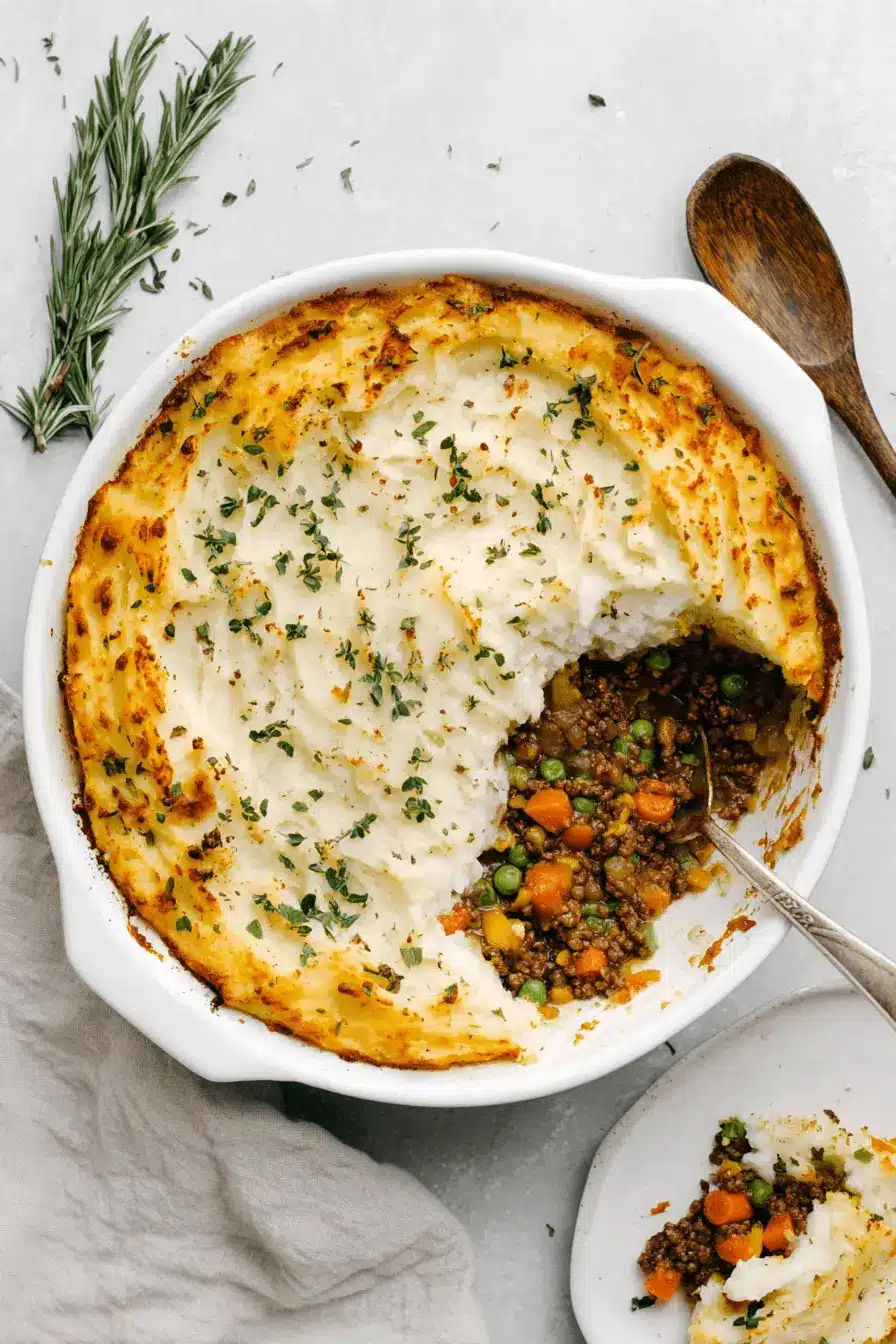 Ultimate Shepherds Pie Casserole: Easy & Delicious 2 Rustic, homemade shepherds pie casserole in an oval white dish, topped with golden mashed potatoes and fresh herbs, ready to be served.