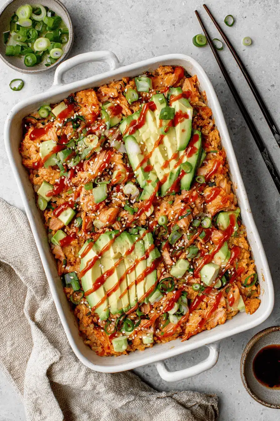 The Ultimate Salmon Sushi Bake Recipe 2 Vibrant, overhead shot of a prepared salmon sushi bake recipe in a white casserole dish, topped with fanned avocado and sriracha.