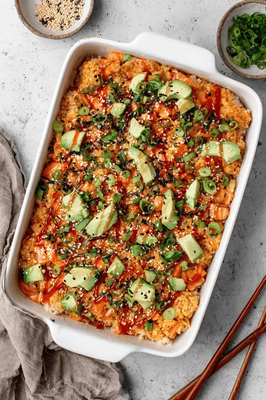 The Ultimate Salmon Sushi Bake Recipe 2 Top-down view of a golden-brown salmon sushi bake recipe with avocado, spicy mayo, and sesame seeds in a white dish.