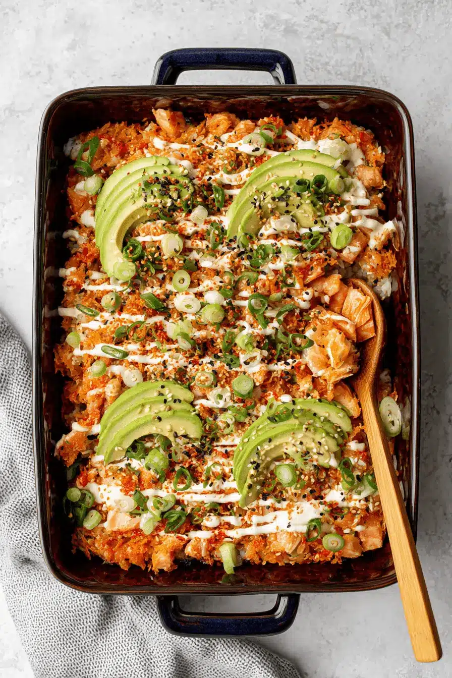 The Ultimate Salmon Sushi Bake Recipe for an Easy Feast 2 Top-down view of a colorful, layered salmon sushi bake recipe in a blue dish, garnished with avocado and ready for serving.