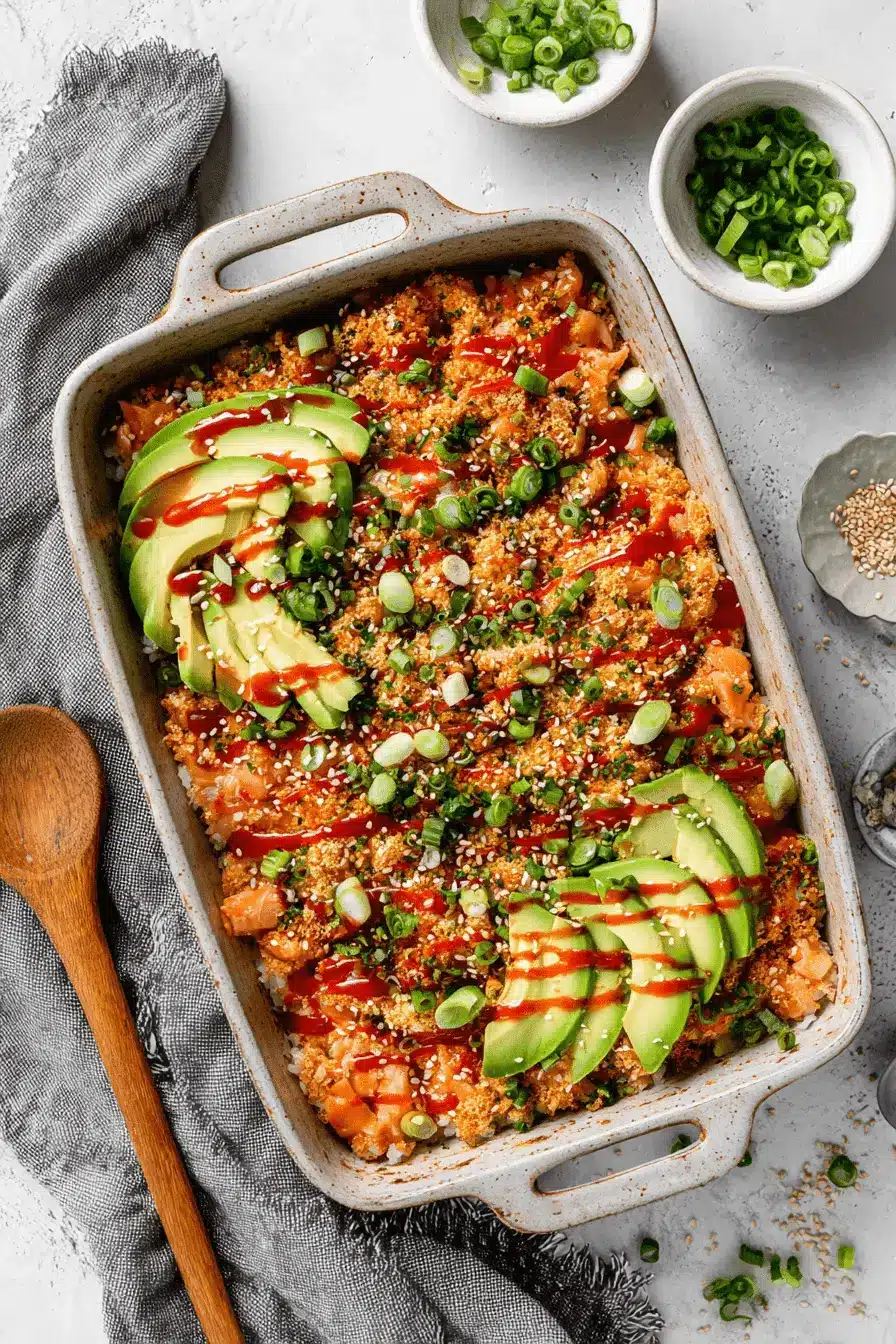 Amazing Salmon Sushi Bake Recipe for Busy Nights 2 A rectangular ceramic dish filled with a finished salmon sushi bake recipe, topped with fanned avocado, sriracha, and green onions.