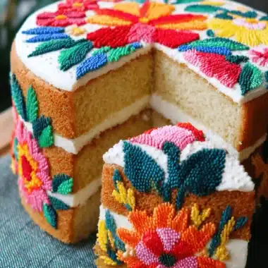 The Ultimate Mothers Day Cake Recipe 4 Beautifully decorated mothers day cake featuring vibrant, colorful, embroidered-style floral frosting and a removed slice.