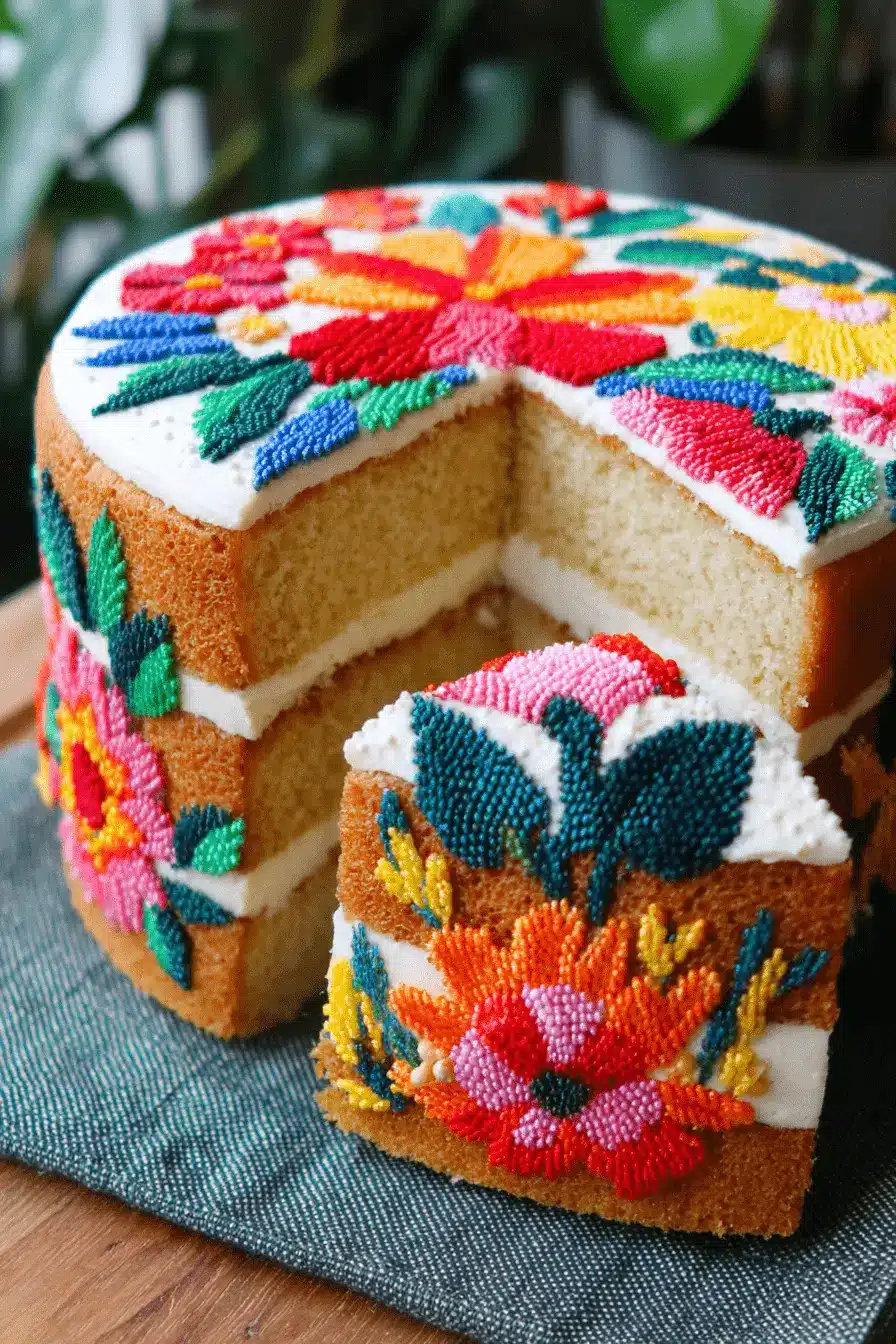 The Ultimate Mothers Day Cake Recipe 2 Beautifully decorated mothers day cake featuring vibrant, colorful, embroidered-style floral frosting and a removed slice.