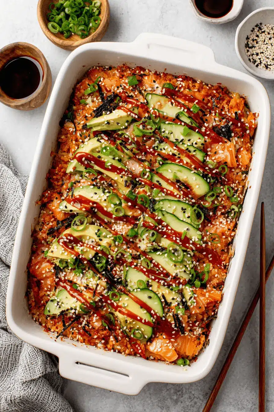 Ultimate Salmon Sushi Bake Recipe: Quick & Simple 2 Delicious salmon sushi bake recipe casserole in a white dish, topped with flaky salmon, sliced avocado, spicy mayo, and sesame seeds.