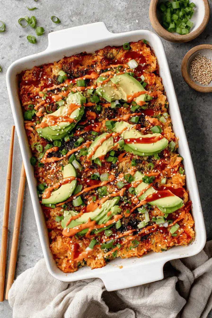 Ultimate Salmon Sushi Bake Recipe 2 Close-up of a golden-brown salmon sushi bake recipe in a white dish, topped with sliced avocado, creamy spicy sauce, green onions, and sesame seeds.