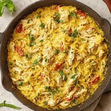 Amazing Boursin Chicken Baked Skillet Dinner 3 Cast-iron skillet with creamy boursin chicken baked spaghetti squash and fresh basil garnish.