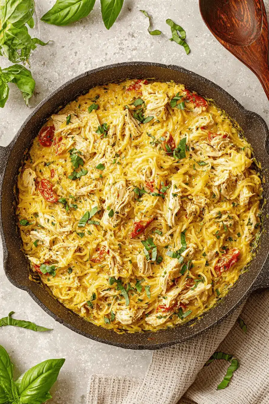 Amazing Boursin Chicken Baked Skillet Dinner 2 Cast-iron skillet with creamy boursin chicken baked spaghetti squash and fresh basil garnish.
