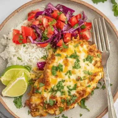 Amazing Fiesta Lime Chicken Recipe 4 Overhead close-up of a plate of delicious fiesta lime chicken topped with melted cheese, rice, salsa, and fresh lime wedges.