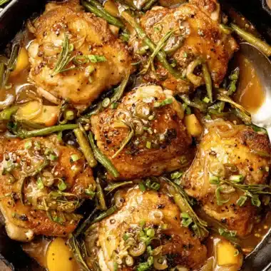 Fantastic 30-Minute Jalapeno Peach Chicken 3 Bone-in chicken thighs coated in a sweet and spicy Jalapeno Peach Chicken glaze with green beans in a rustic cast-iron skillet.