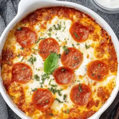 Magic Cottage Cheese Pizza Bowl Recipe 3 Baked Cottage Cheese Pizza Bowl topped with melted cheese, crispy pepperoni, and fresh basil leaves.