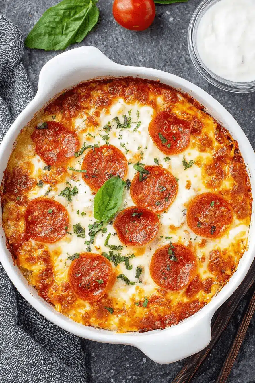 Magic Cottage Cheese Pizza Bowl Recipe 2 Baked Cottage Cheese Pizza Bowl topped with melted cheese, crispy pepperoni, and fresh basil leaves.