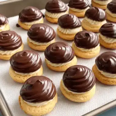 Ultimate Boston Cream Pie Cookies 4 Meticulously arranged boston cream pie cookies on a baking tray with cream filling and rich swirled chocolate frosting.