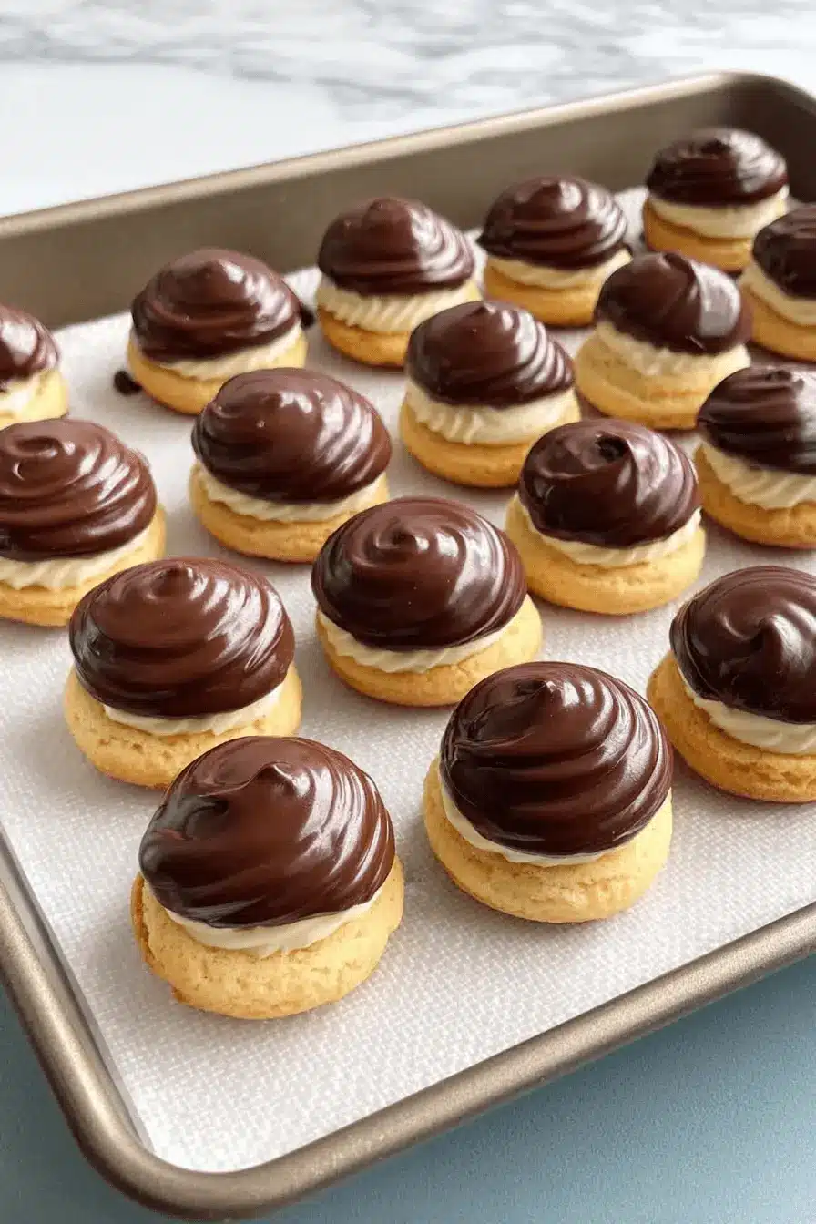 Ultimate Boston Cream Pie Cookies 2 Meticulously arranged boston cream pie cookies on a baking tray with cream filling and rich swirled chocolate frosting.