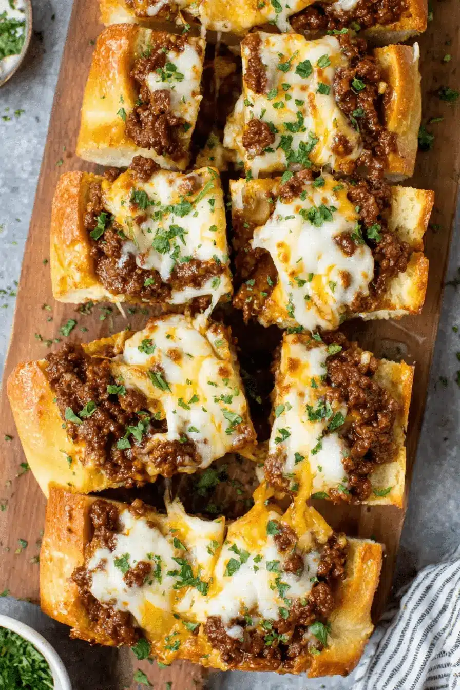 The Ultimate Italian Garlic Bread Sloppy Joes 2 Slices of cheesy italian garlic bread sloppy joes piled on a wooden cutting board, ready for serving.
